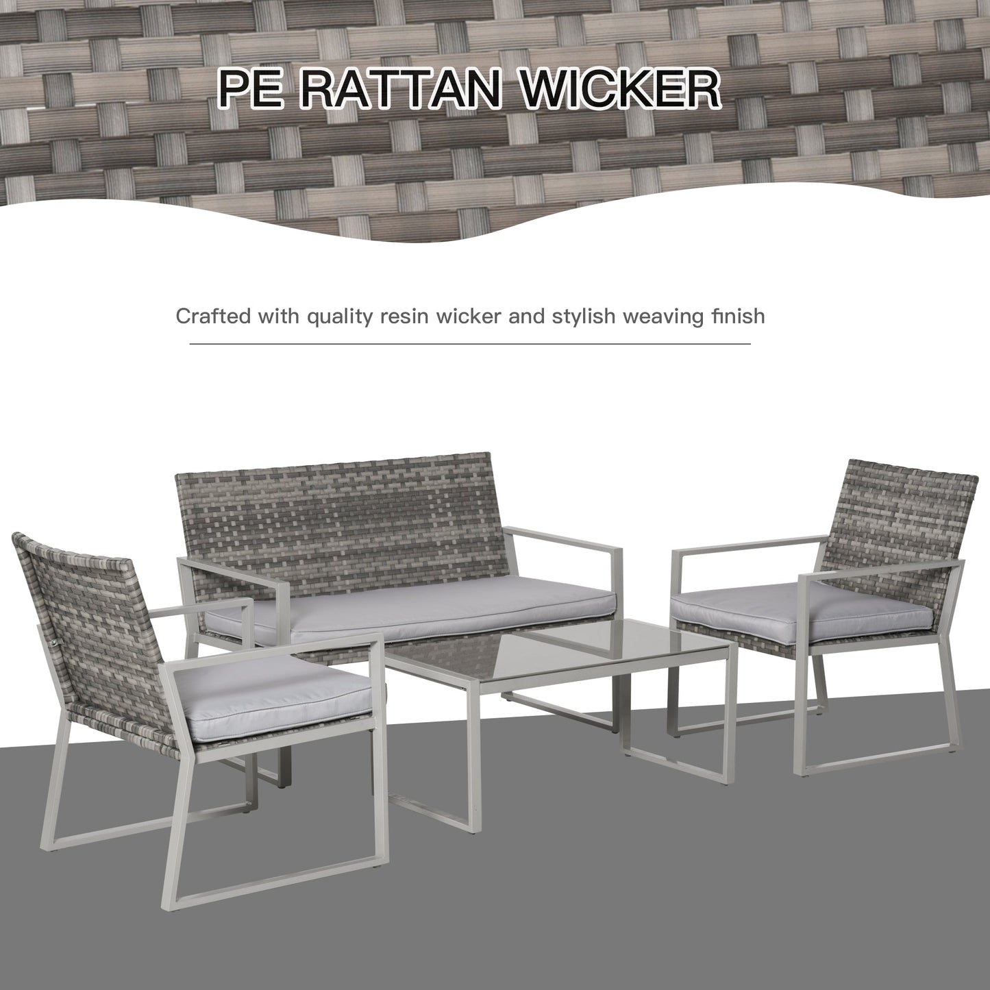 4-Piece Rattan Garden Furniture Set 2 Single Sofa Arm Chairs 1 Bench with Cushions & Coffee Table Patio Backyard Wicker Weave