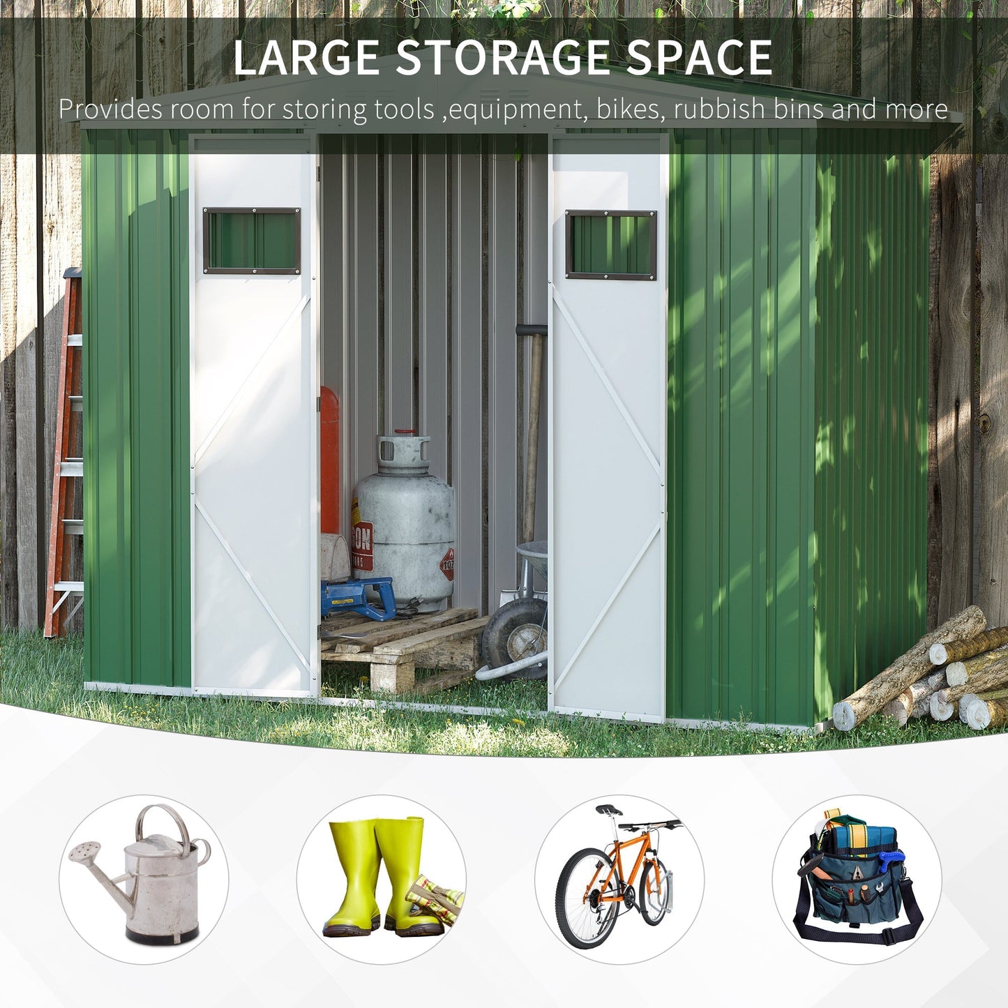 Galvanised 8 x 4' Double Door Apex Garden Shed Lockable Steel Green by Steadfast