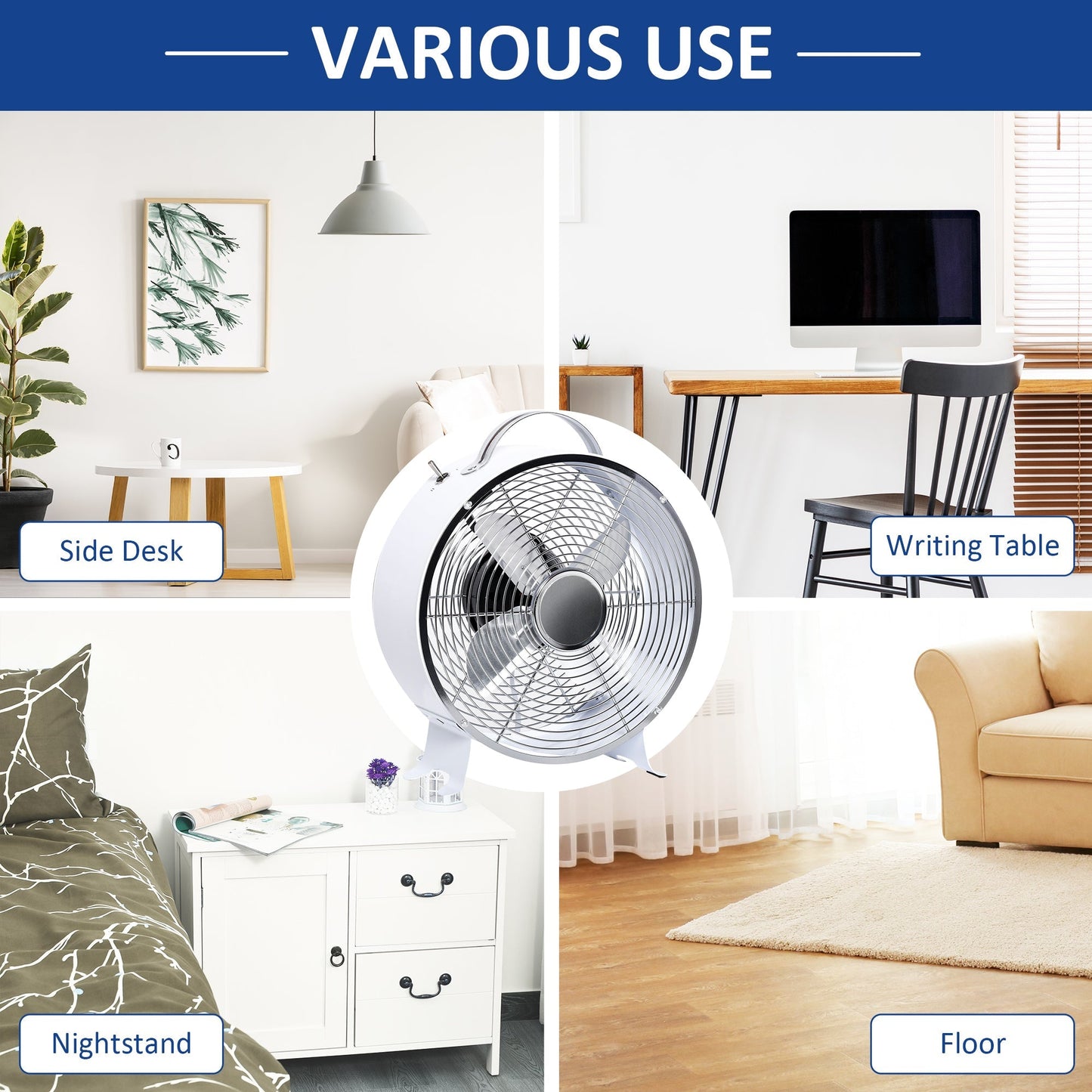 26cm 2-Speed Electric Table Desk Fan w/ Safety Guard Anti-Slip Feet Portable Personal Cooling Fan Home Office Bedroom White