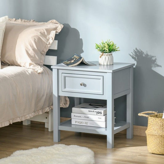 Homcom Homcom Bedside End Table Nightstand w/ Drawer Open Shelf Table Top Metal Handle Classic Home Stylish Furniture Grey