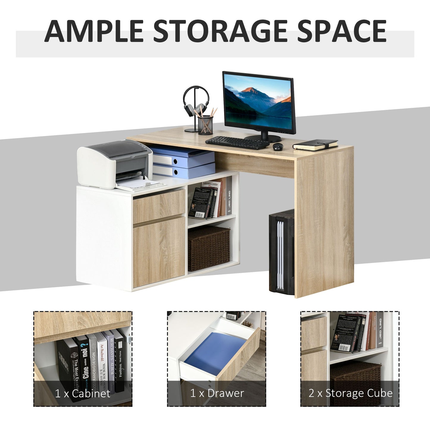 L-Shaped Corner Computer Desk Study Table PC Work w/ Storage Shelf Drawer Office