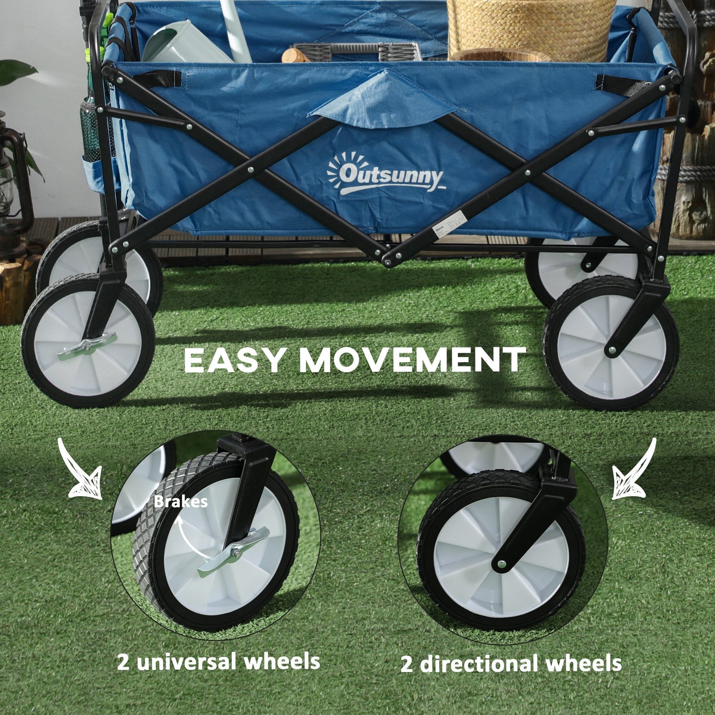 Pull Along Cart Folding Cargo Wagon Trailer Trolley for Beach Garden Use with Telescopic Handle - Navy Blue