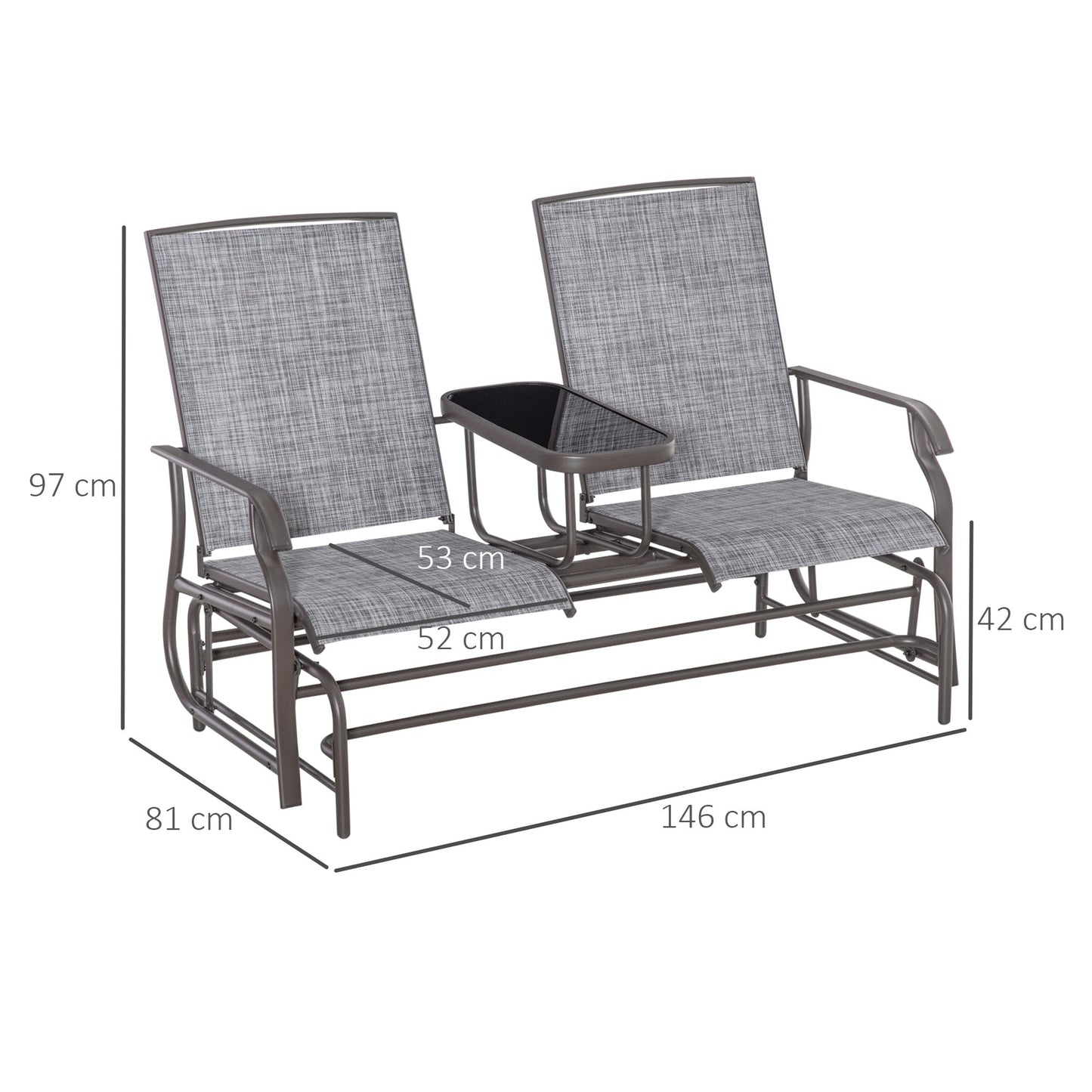 2 Seater Metal Double Swing Chair Glider Rocking Chair Seat Outdoor Seater Garden Furniture Patio Porch With Table Grey