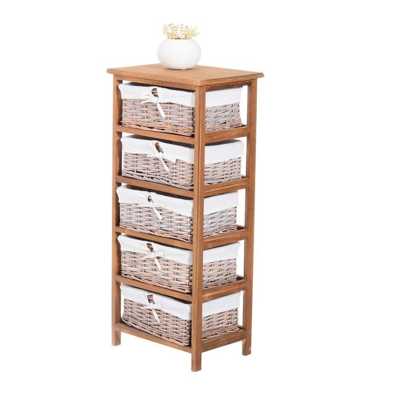 Homcom Homcom 5 Drawer Dresser Wicker Basket Storage Shelf Unit Wooden Frame Home Organisation Cabinet Bedroom Office Furniture Natural Finish 90x40cm