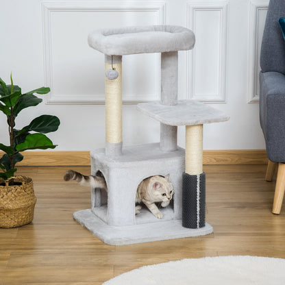 PawHut Cat Tree for Indoor Cats Climbing Tower Kitten Scratch Post Activity Center Kitten with Massage Toy Hanging Ball Bed Condo Perch 48 x 48 x 85cm Grey