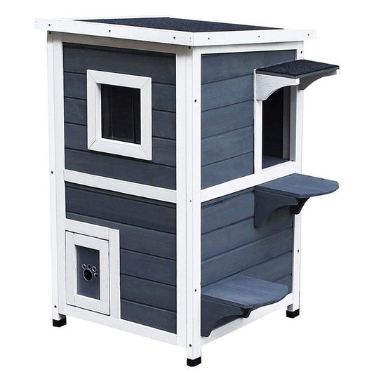 PawHut PawHut Wooden Cat House 2-Floor Outdoor Kitten Shelter with Window Grey