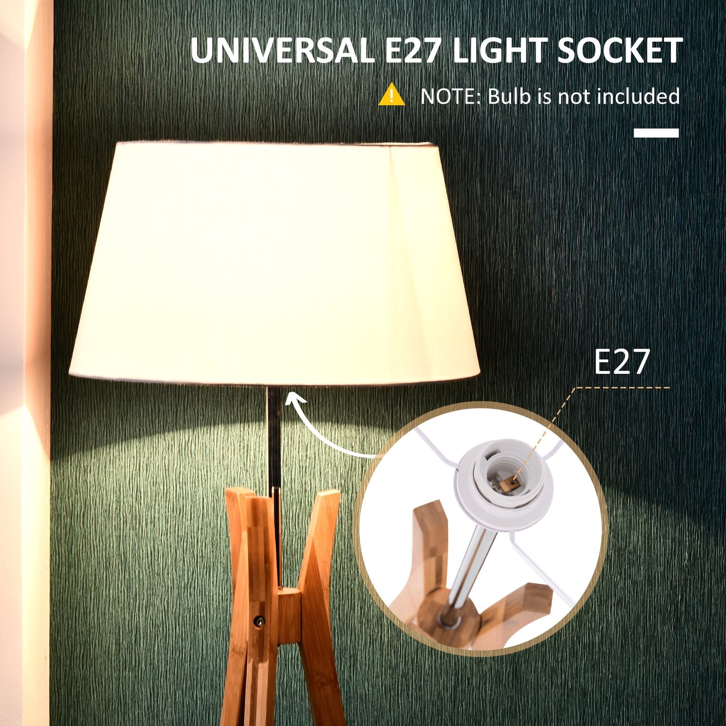 Homcom Natural Wooden Tripod Floor Lamp Light E27 Base Bedroom Living Room Fabric Shade Storage Shelf Foot Switch