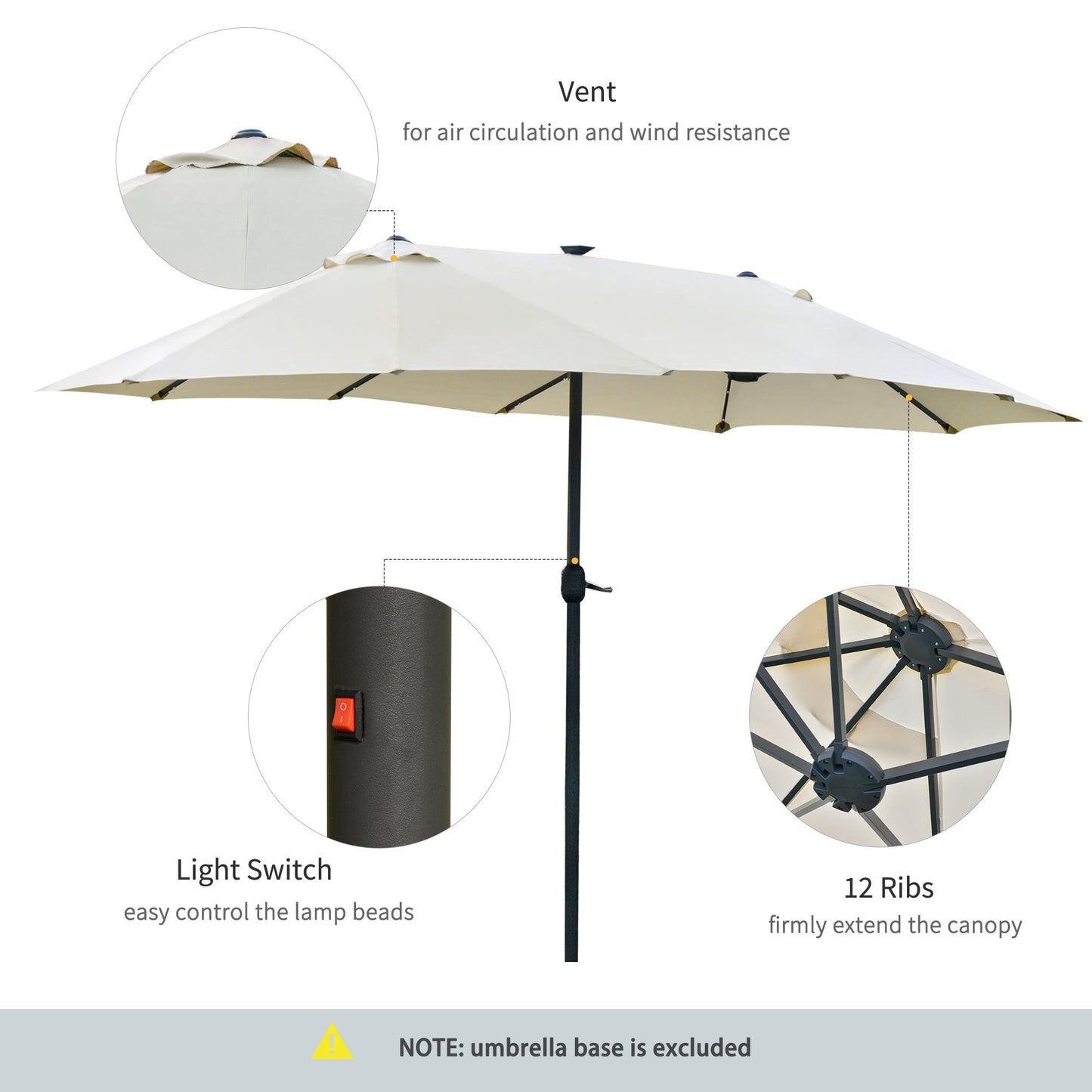 Outsunny 4.4M Double-Sided Sun Umbrella Patio Parasol Led Solar Lights Cream White