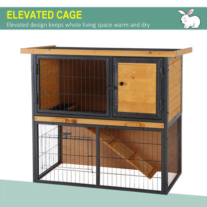 PawHut Wood-metal Rabbit Hutch Guinea Pig Hutch Elevated Pet House Bunny Cage with Slide-Out Tray Openable Roof Outdoor 89.5 x 45 x 81cm Light Yellow