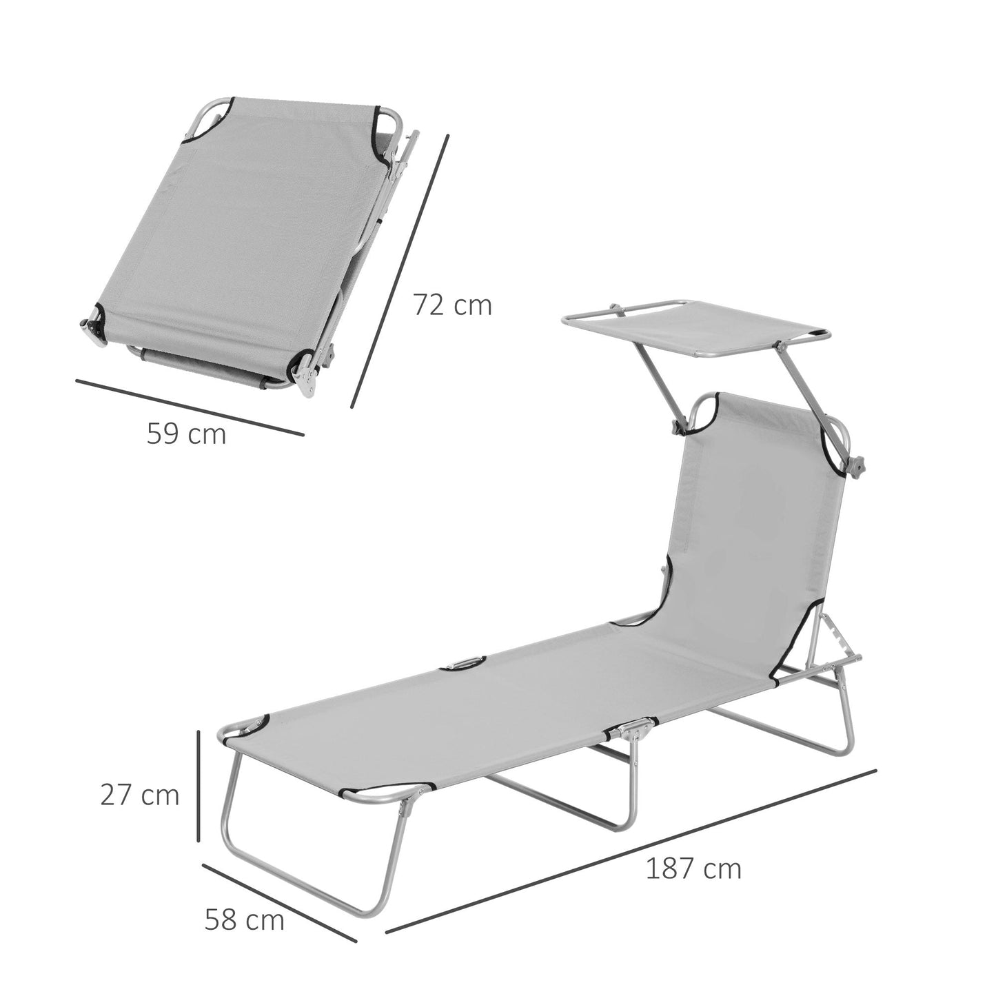 Reclining Chair Folding Lounger Seat Sun Lounger with Sun Shade Awning Beach Garden Outdoor Patio Recliner Adjustable