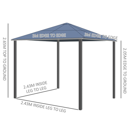 Outsunny 3 x 3M Hardtop Gazebo with UV Resistant Polycarbonate Roof & Aluminium Frame