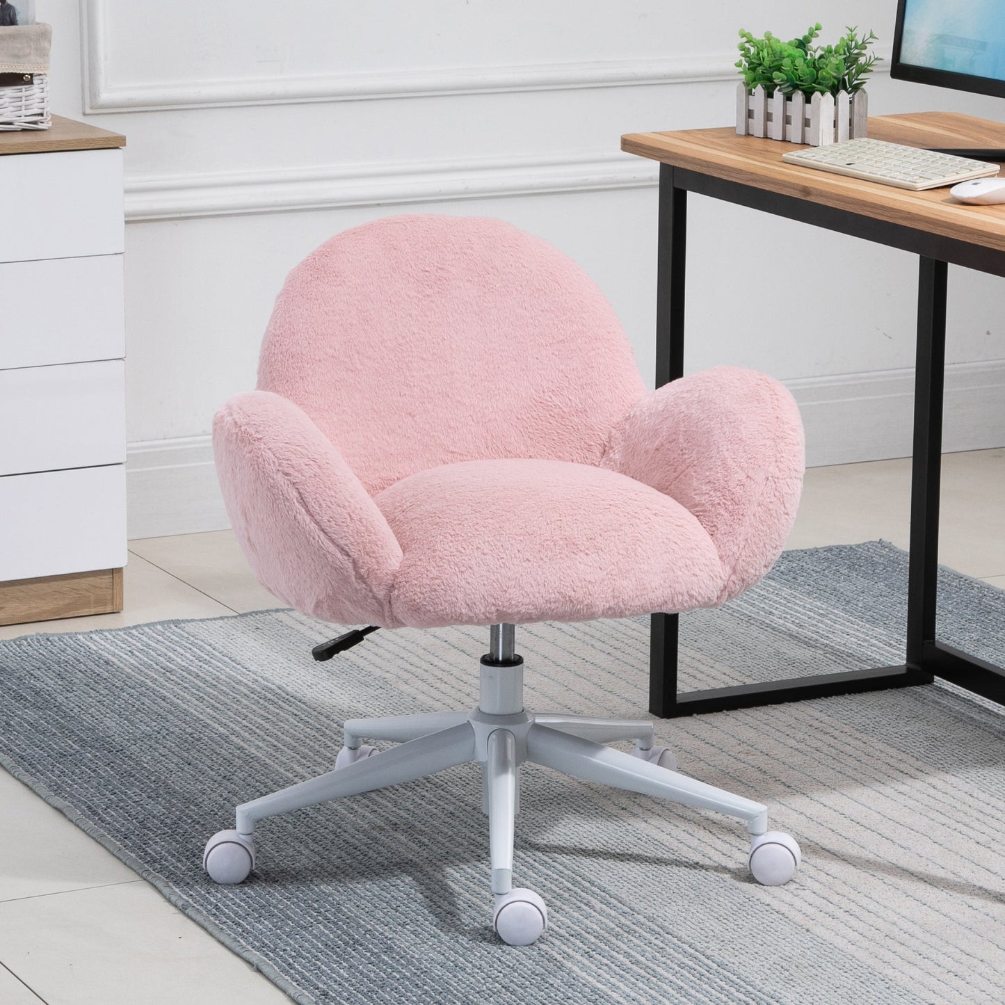 Fluffy Leisure Chair Office Chair with Backrest and Armrest for Home Bedroom Living Room with Wheels Pink