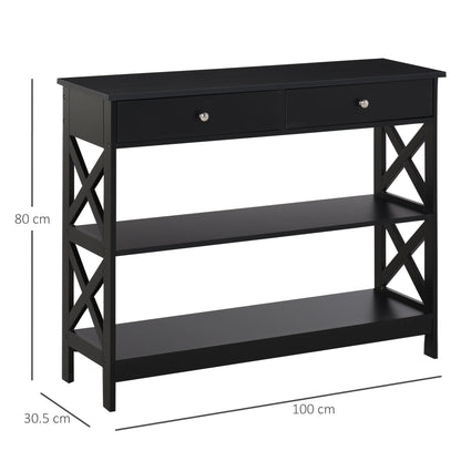 Console Table Side Desk w/ Shelves Drawers Open Top X Support Frame Living Room Hallway Home Office Furniture Black