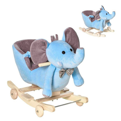 Homcom 2 In 1 Plush Baby Ride On Rocking Horse Elephant Rocker With Wheels Wooden Toy For Kids 32 Songs (Blue)