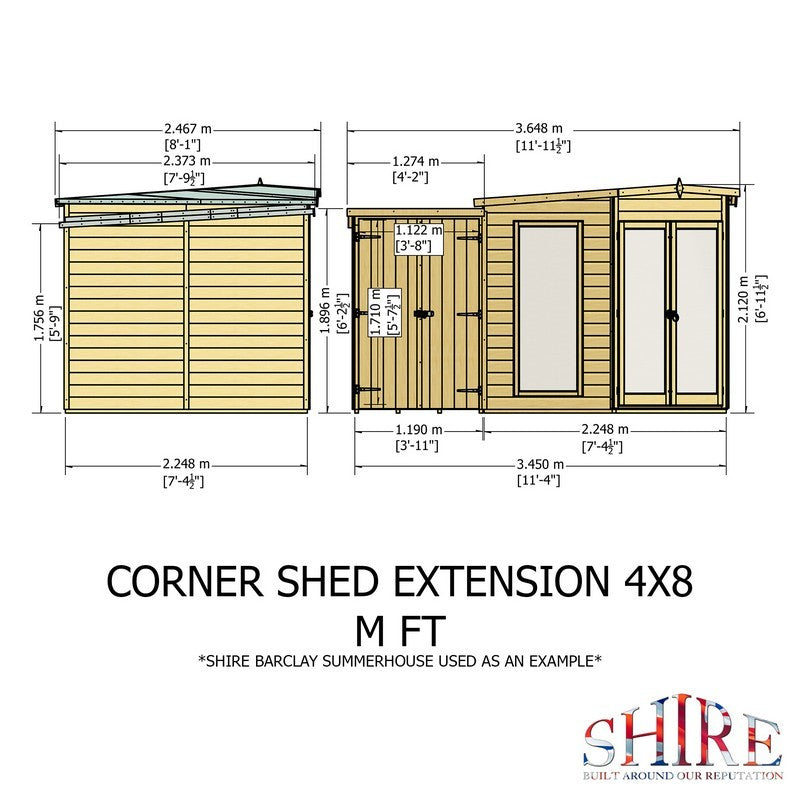 Shire Barclay 4' 2" x 7' 9" Pent Summerhouse with Side Shed - Premium Coated Shiplap