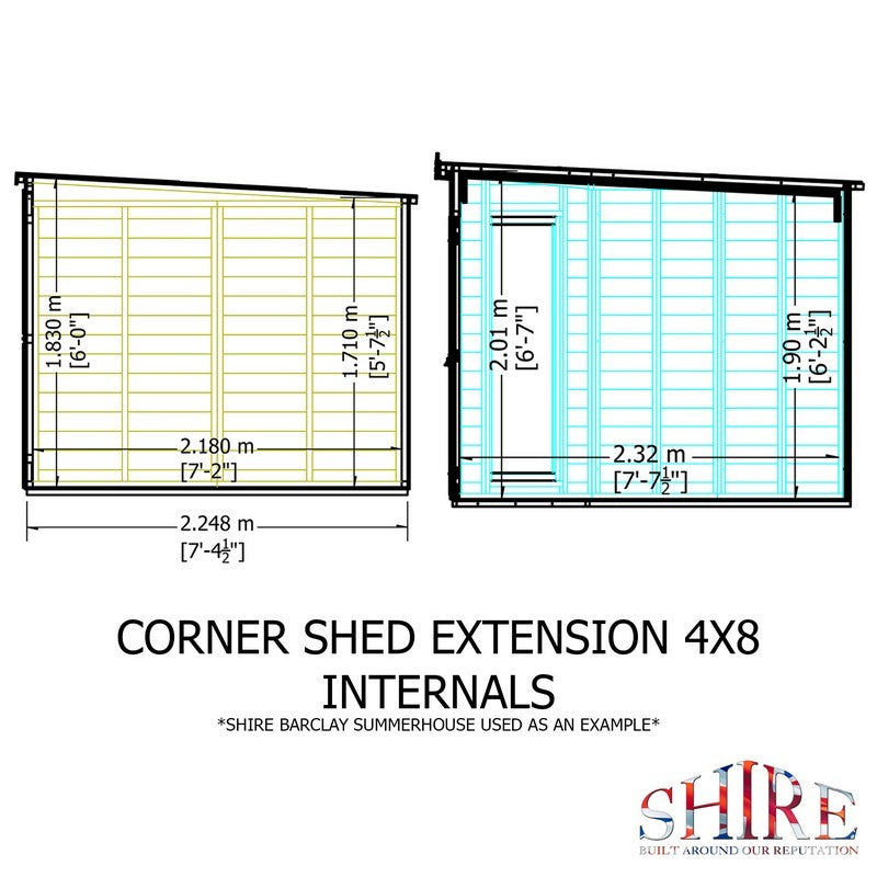 Shire Barclay 4' 2" x 7' 9" Pent Summerhouse with Side Shed - Premium Coated Shiplap