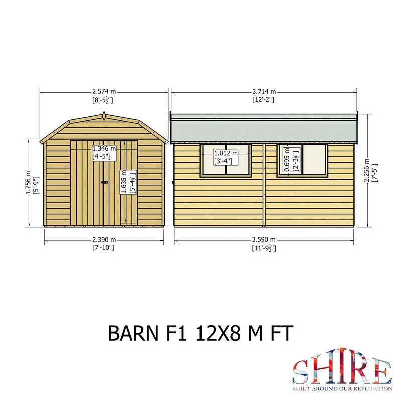 Shire Barn 11' 9" x 7' 10" Barn Shed - Premium Coated Shiplap