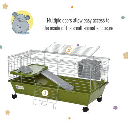 PawHut Small Animal Cage Rabbit Guinea Pigs Chinchillas Cage w/ Wheels Water Bottle Food Dish Platform Ramp 89 x 44 x 43 cm Green