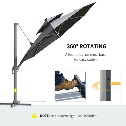 3m Cantilever Parasol w/ Solar Lights Power Bank Base 360° Spin Dark Grey