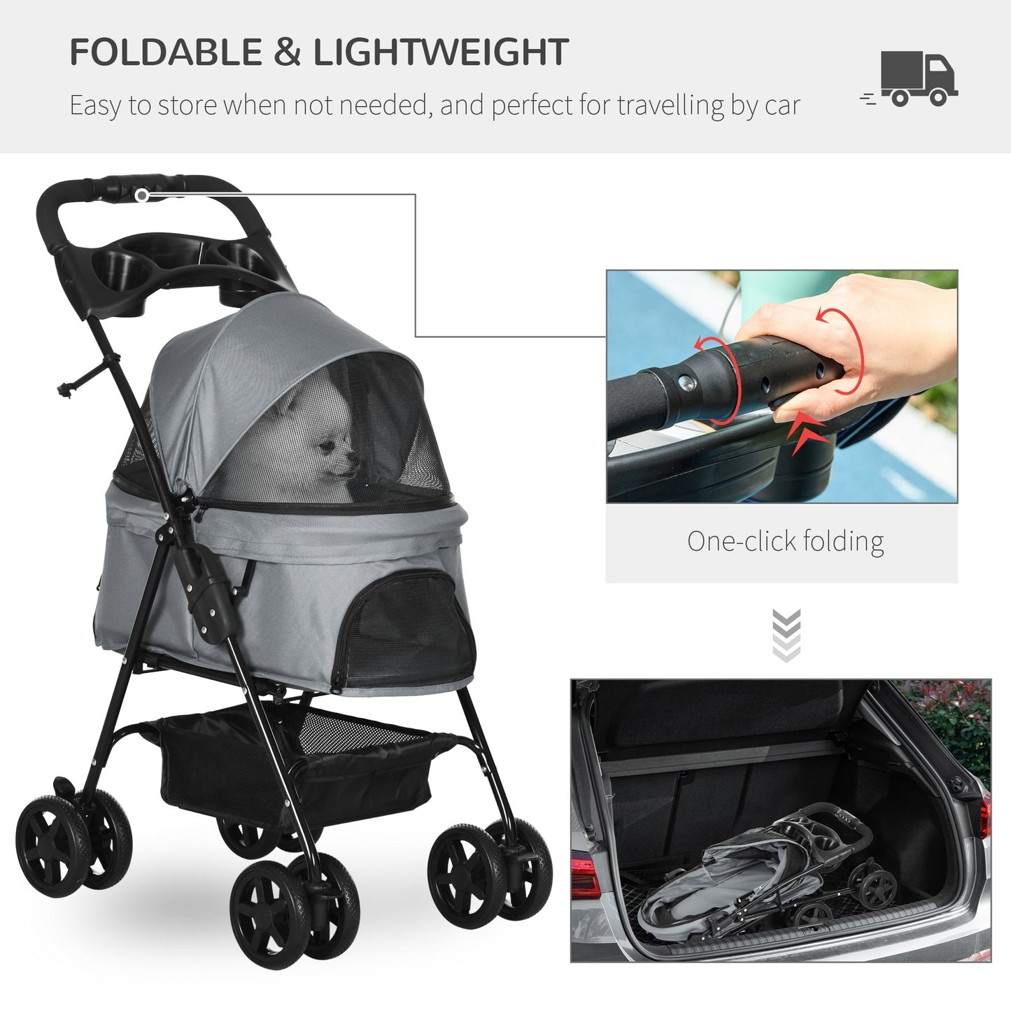 PawHut Dog Stroller Pet Cat Travel Pushchair One-Click Fold Trolley Jogger with EVA Wheels Brake Basket Adjustable Canopy Safety Leash for Small Dogs