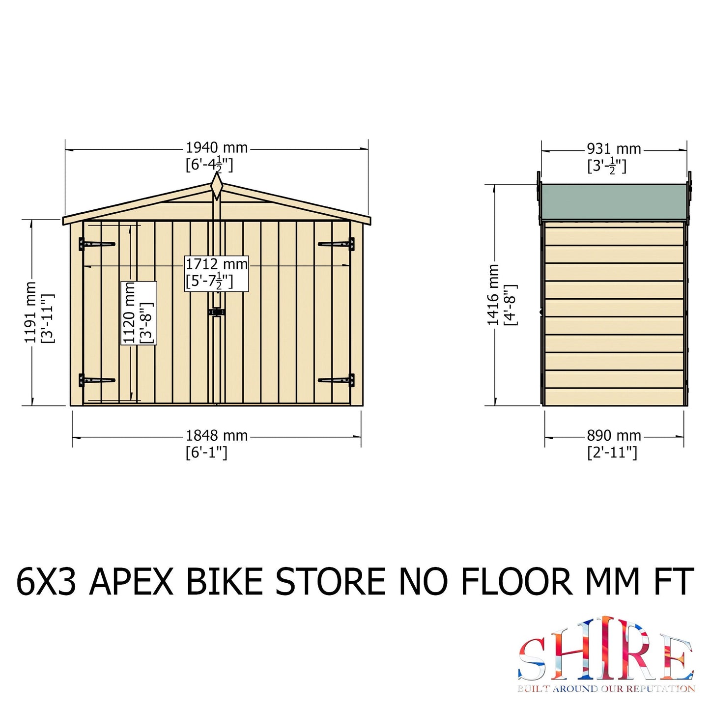 Shire Wentworth 6' x 2' 11" Apex Bike Store - Premium Dip Treated Shiplap