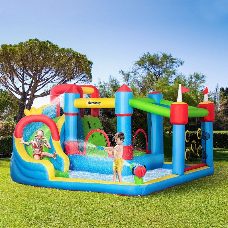 Outsunny Outsunny 5 in 1 Kids Bounce Castle Large Castle Style Inflatable House Slide Trampoline Pool Water Gun Climbing Wall with Inflator Carrybag Patches for Kids Age 3-8