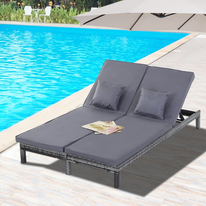 2 Seater Rattan Lounger Adjustable Double Chaise Chair Loveseat w/ Cushion - Grey