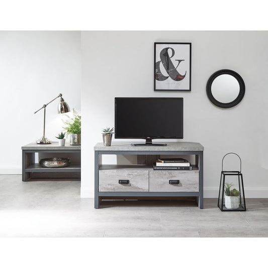 GFW Boston TV Unit Metal & Wood Grey 1 Shelf 2 Drawers