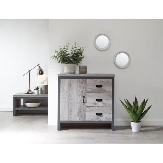 GFW Boston Sideboard Metal & Wood Grey 1 Door 1 Shelf 3 Drawers