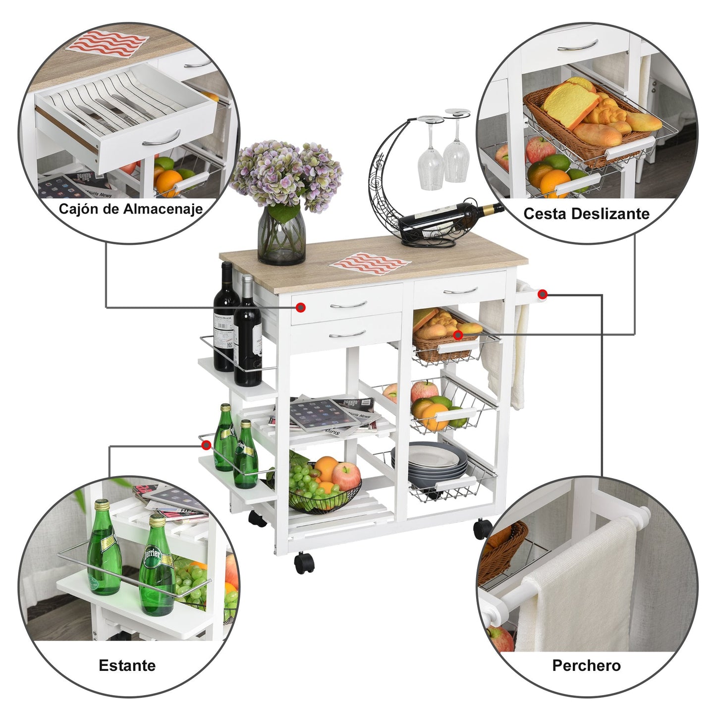 Rolling Kitchen Island on Wheels Trolley Utility Cart with Spice Racks