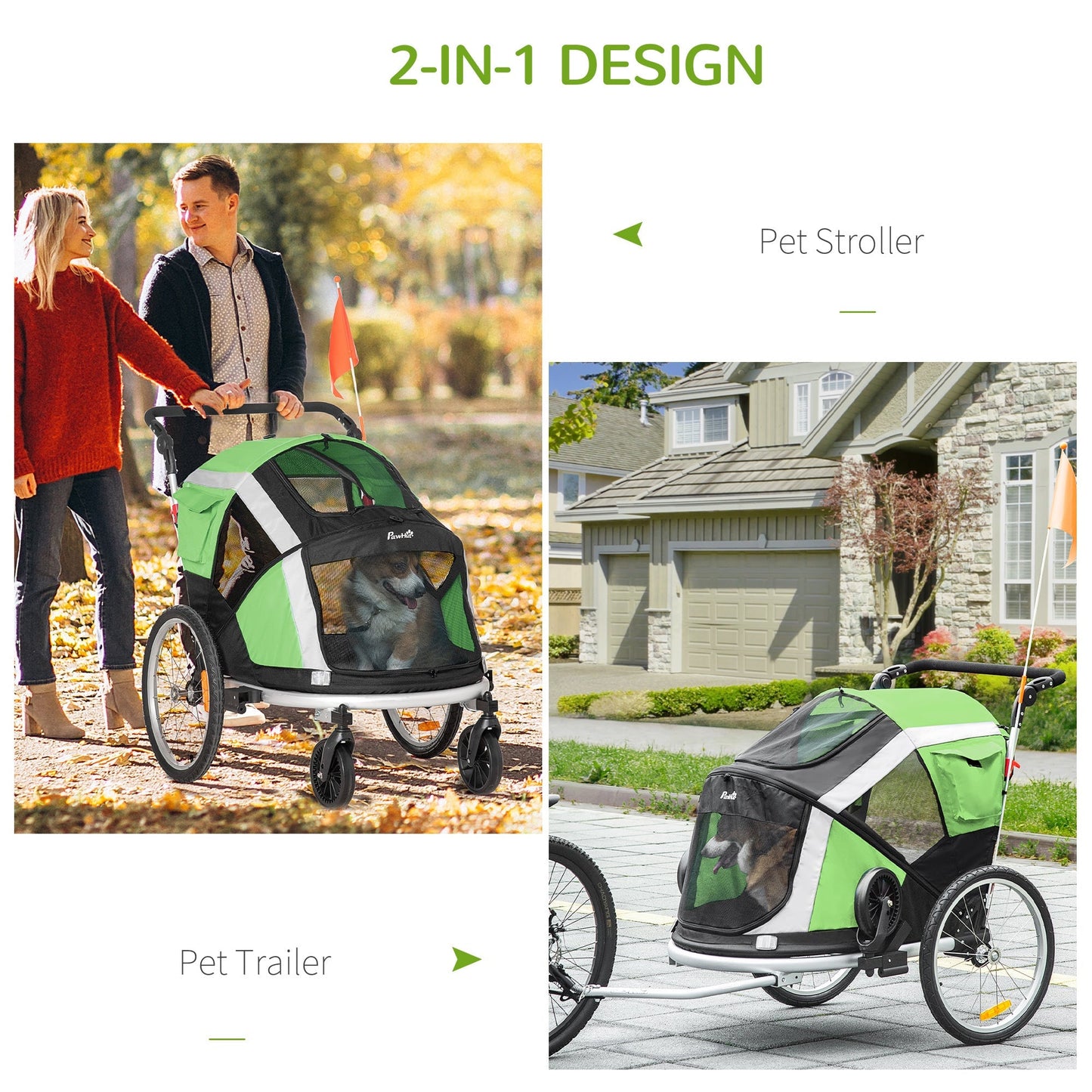 PawHut Dog Bike Trailer 2-in-1 Pet Stroller for Large Dogs Cart Foldable Bicycle Carrier Aluminium Frame with Safety Leash Hitch Coupler Reflector Flag Green