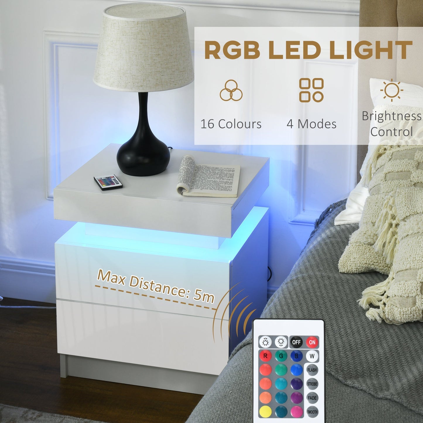 White Bedside Table with LED Light