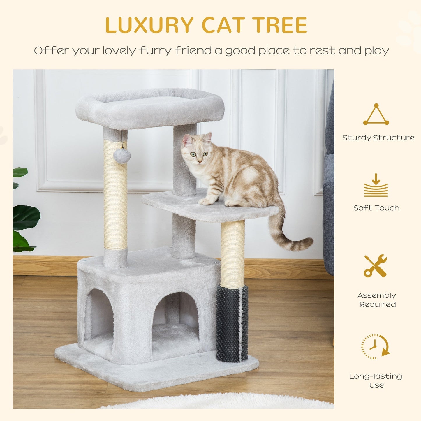 PawHut Cat Tree for Indoor Cats Climbing Tower Kitten Scratch Post Activity Center Kitten with Massage Toy Hanging Ball Bed Condo Perch 48 x 48 x 85cm Grey