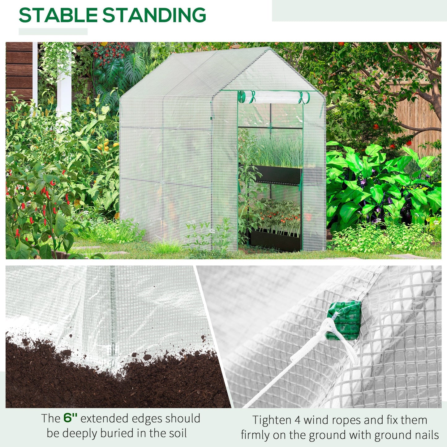 Walk in Garden Greenhouse with Shelves Polytunnel Steeple Grow House 186L x 120W 190H cm White