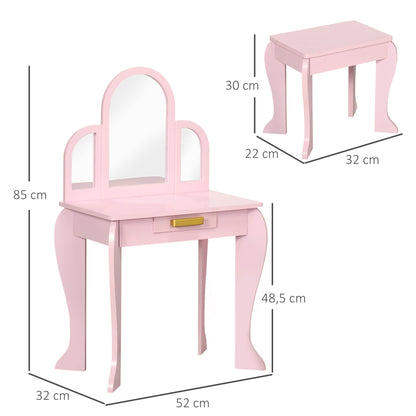 Homcom Kids Dressing Table Set With Mirror And Drawer - Pink