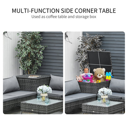 4-Piece Garden Rattan Wicker Outdoor Furniture Patio Corner Sofa Love Seat and Table Set with Cushions Side Desk Storage - Mixed Grey