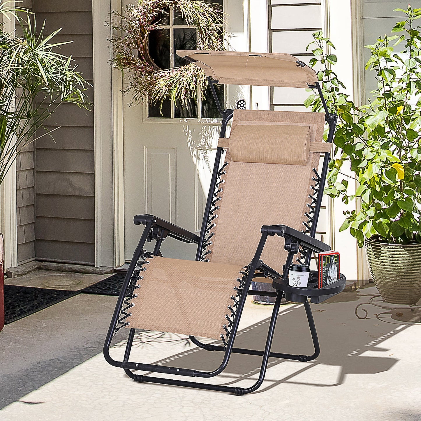 Zero Gravity Garden Deck Folding Chair Texteline Patio Sun Lounger Reclining Seat with Cup Holder & Canopy Shade - Beige