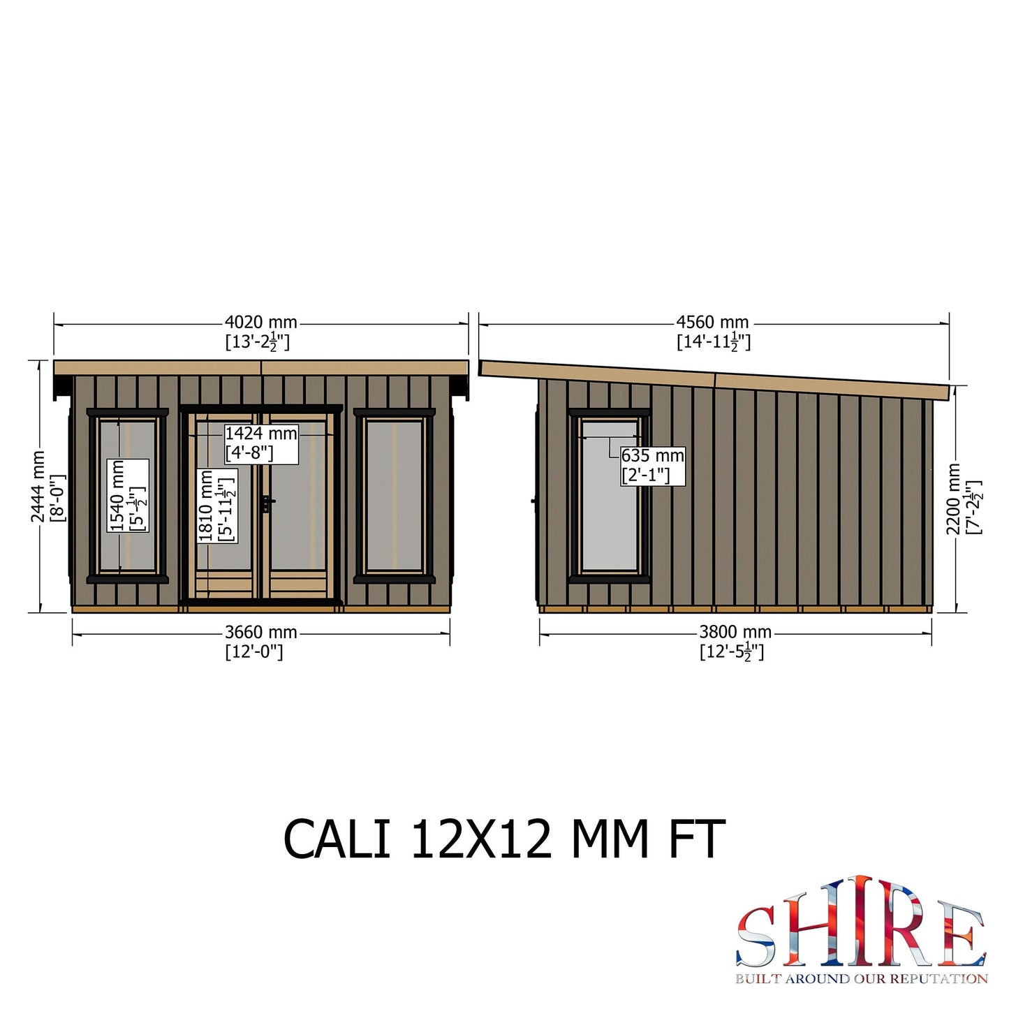 Shire Cali 12' 5" x 12' Pent Garden Office - Premium Wax Board