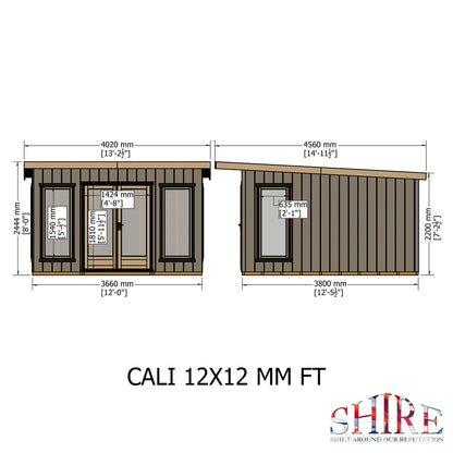 Shire Cali 12' 5" x 12' Pent Garden Office - Premium Wax Board