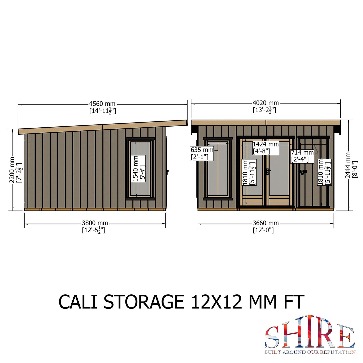 Shire Cali 12' 5" x 12' Pent Garden Office with Storage - Premium Wax Board