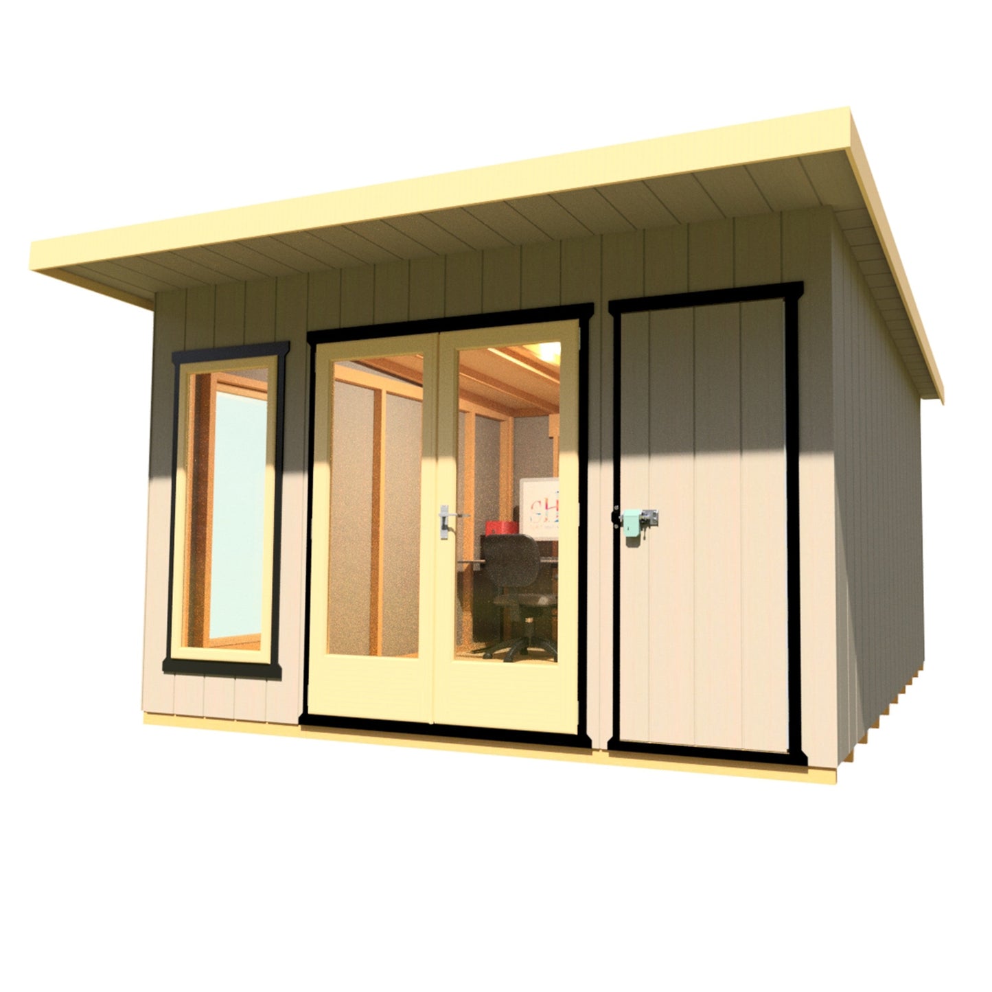 Shire Cali 12' 5" x 12' Pent Garden Office with Storage - Premium Wax Board