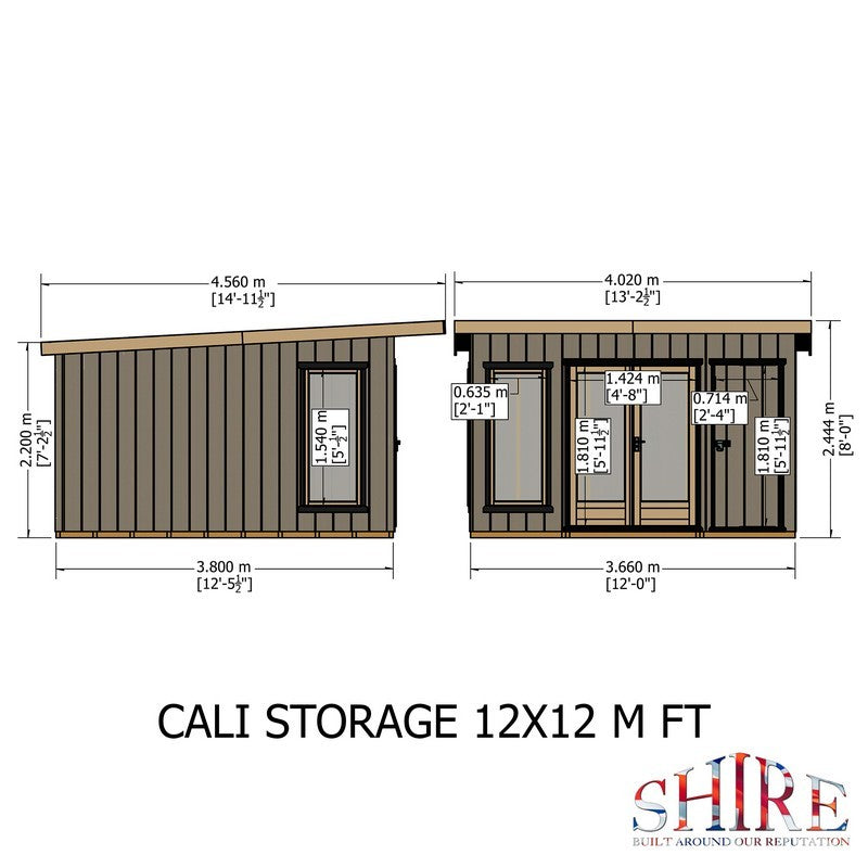 Shire Cali 12' 5" x 12' Pent Garden Office with Storage - Premium Wax Board