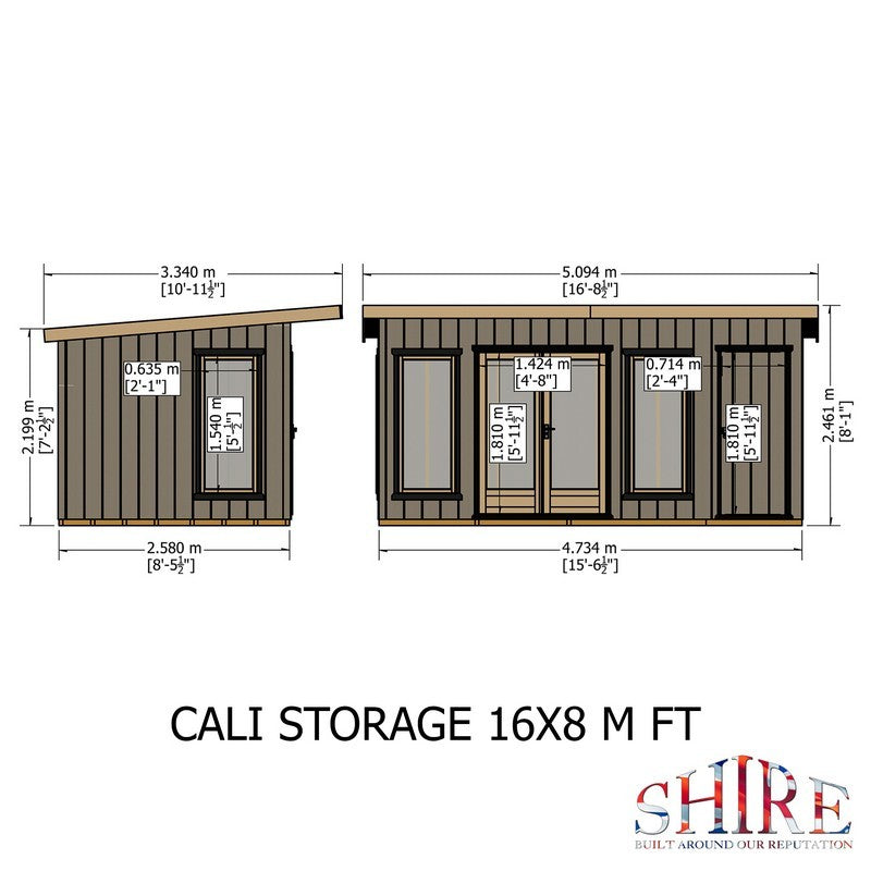 Shire Cali 8' 5" x 15' 6" Pent Garden Office with Storage - Premium Wax Board