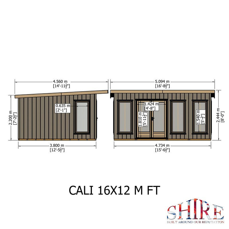 Shire Cali 12' 5" x 15' 6" Pent Garden Office - Premium Wax Board