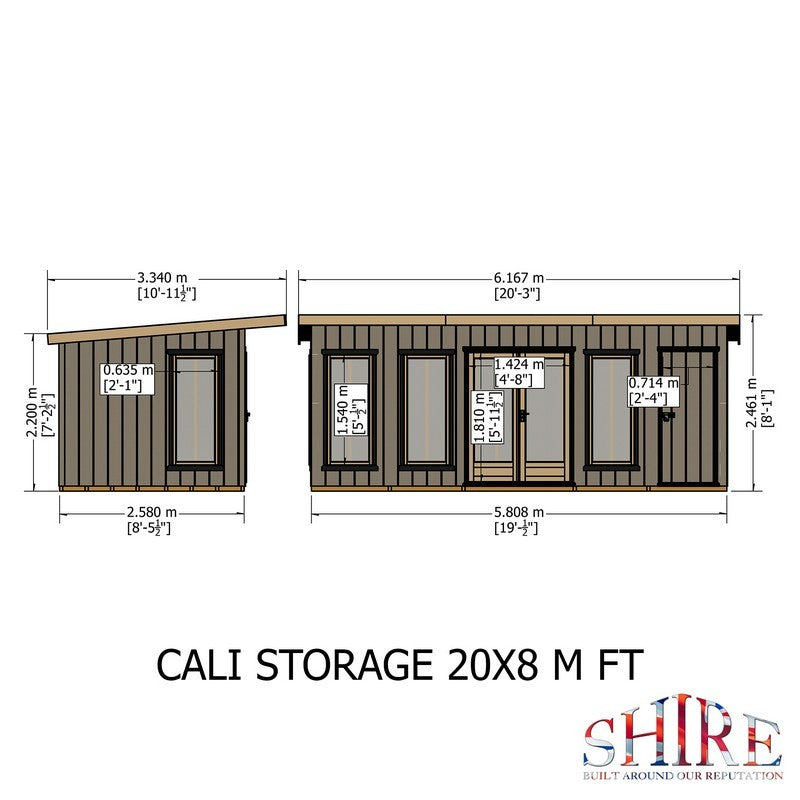 Shire Cali 8' 5" x 19' Pent Garden Office with Storage - Premium Wax Board