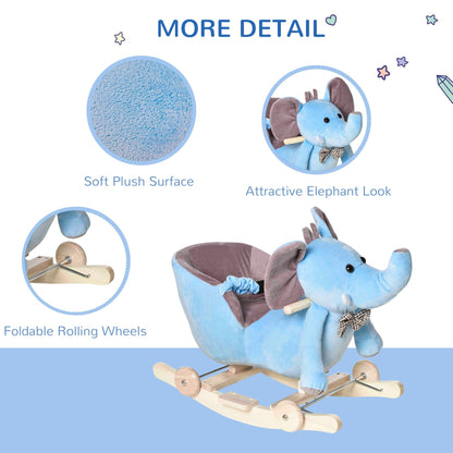 Homcom 2 In 1 Plush Baby Ride On Rocking Horse Elephant Rocker With Wheels Wooden Toy For Kids 32 Songs (Blue)