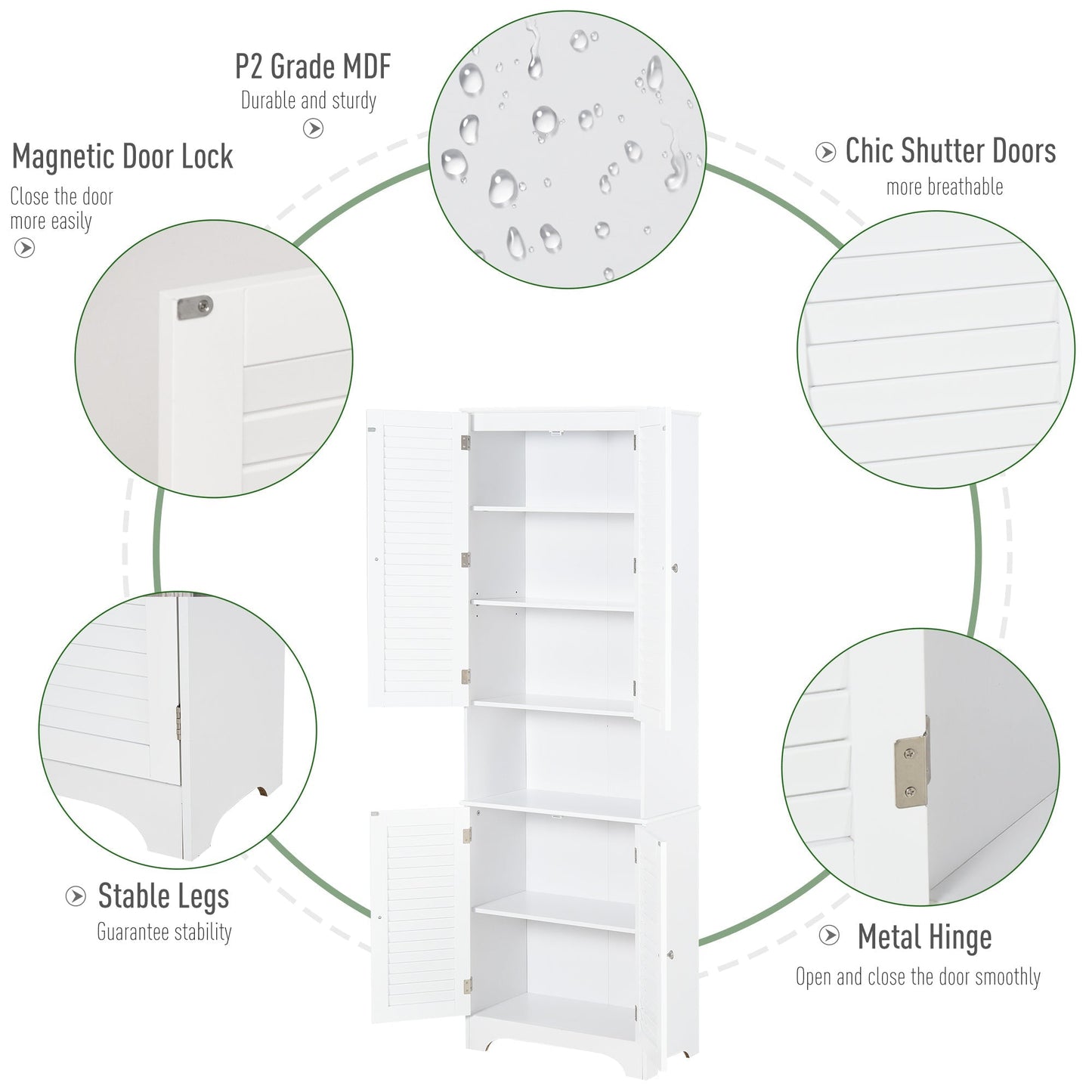 Homcom Tall Freestanding Bathroom Cabinet Retro Shutters W/ 3 Compartments Shelves Elevated Base Narrow Organiser White 60L X 30W X 182.5H cm