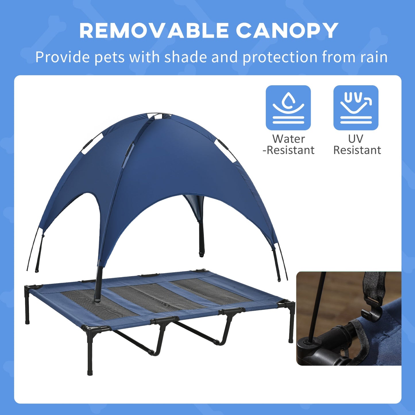 PawHut Raised Dog Bed Waterproof Elevated Pet Cot with Breathable Mesh UV Protection Canopy Blue