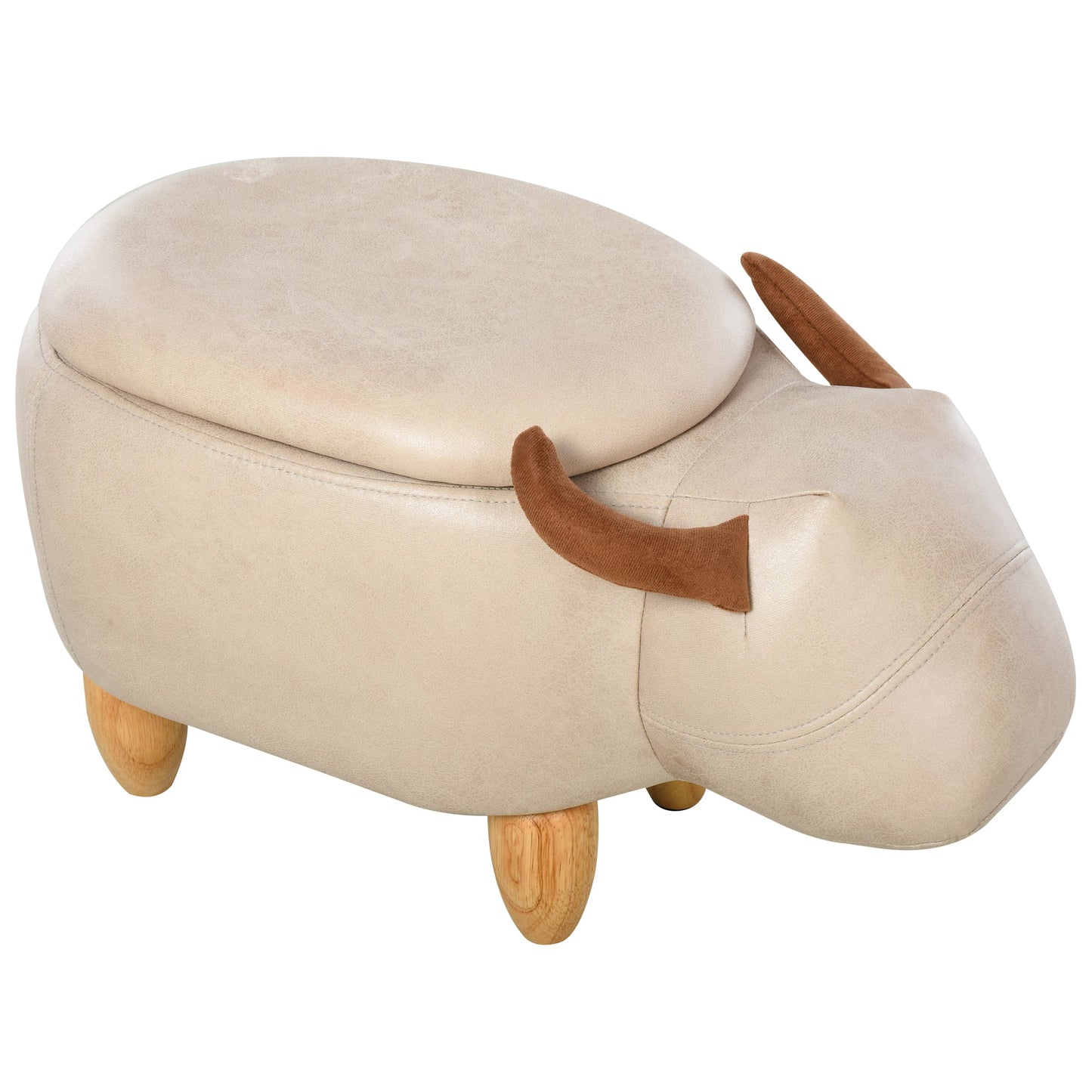 Animal footstool Buffalo Storage Stool Cute Kids Decoration Wood Frame Legs w/Padding Lid Ottoman Furniture Ivory