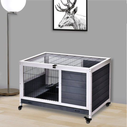 PawHut Rabbits Indoor Fir Wood Lift-Top Hutch-Grey and White